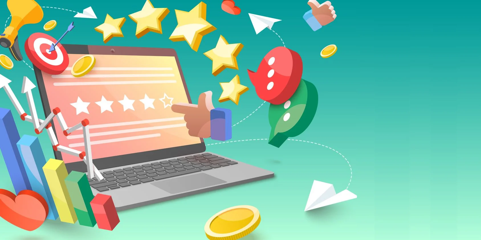 Computer screen with 5 gold stars and upward trendline, showing positive online reputation management