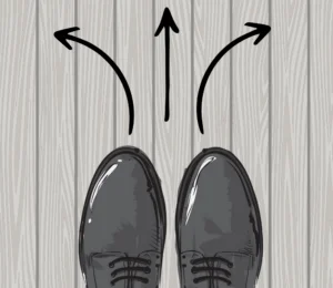 Shoes standing in front of 3 arrows
