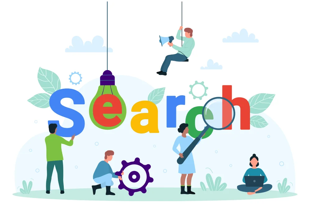 Diverse business people engaging with SEO elements for strategic digital marketing.