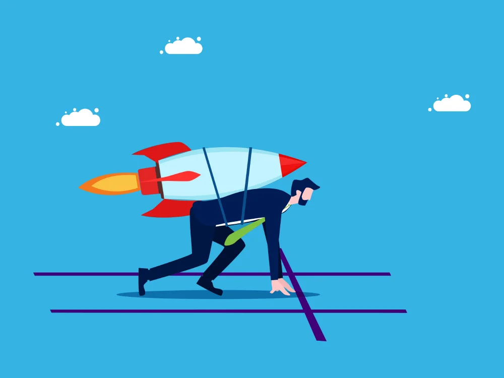 Business professional crouched at starting line, rocket on back, poised for B2B sales growth.