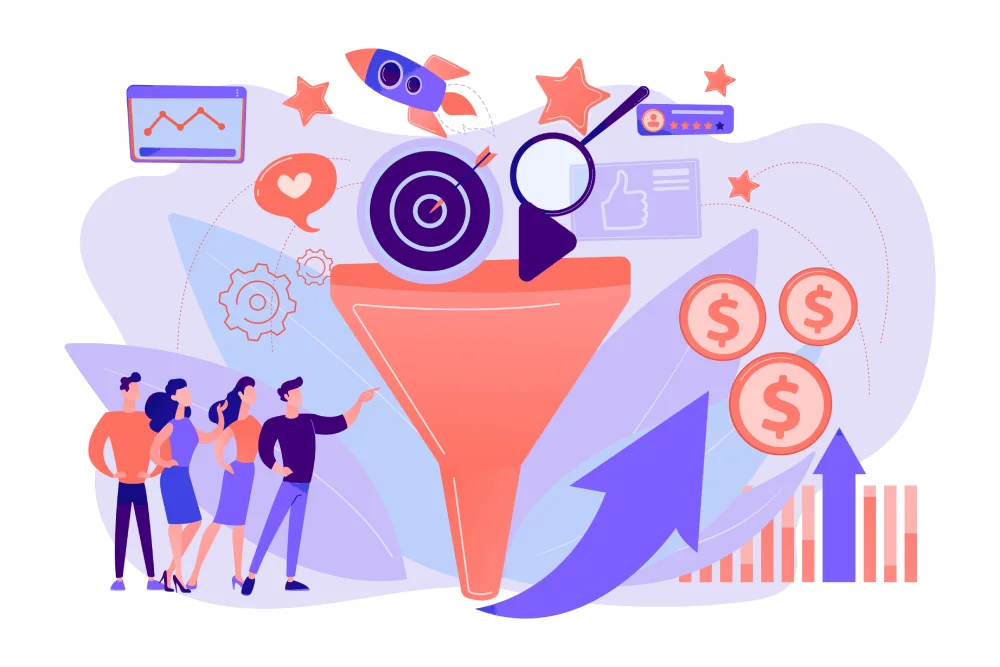 Marketing funnel visual representing B2B lead generation strategies that convert visibility into qualified sales meetings.