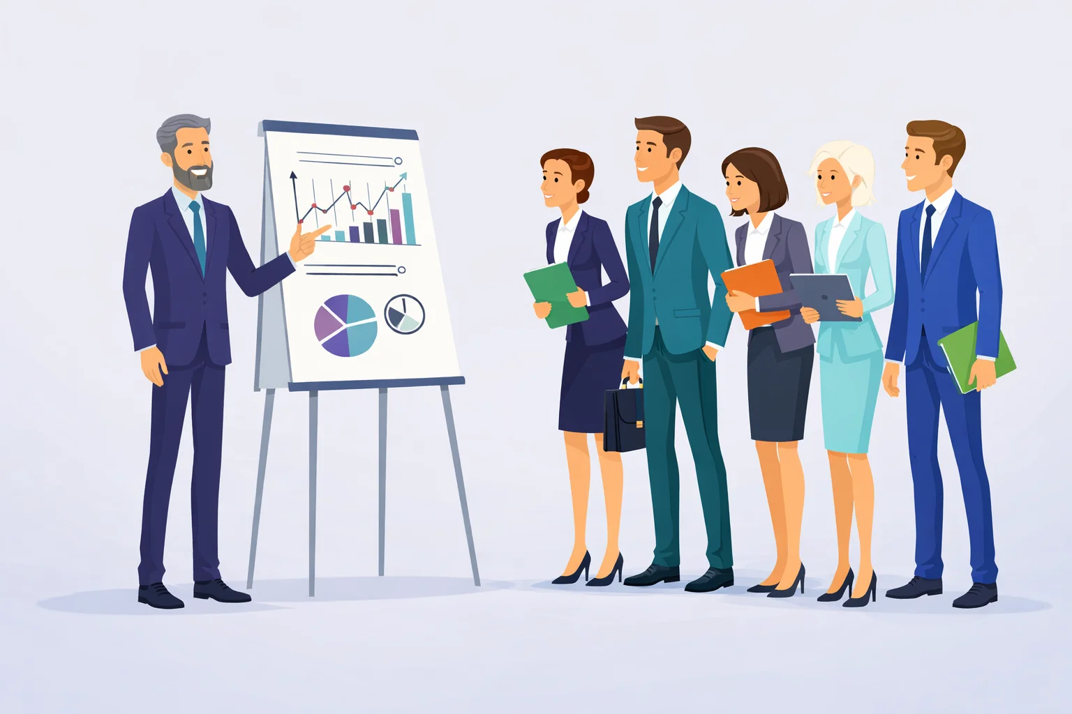 Business illustration of a leader with a megaphone guiding colleagues, symbolizing sales mindset and clear communication