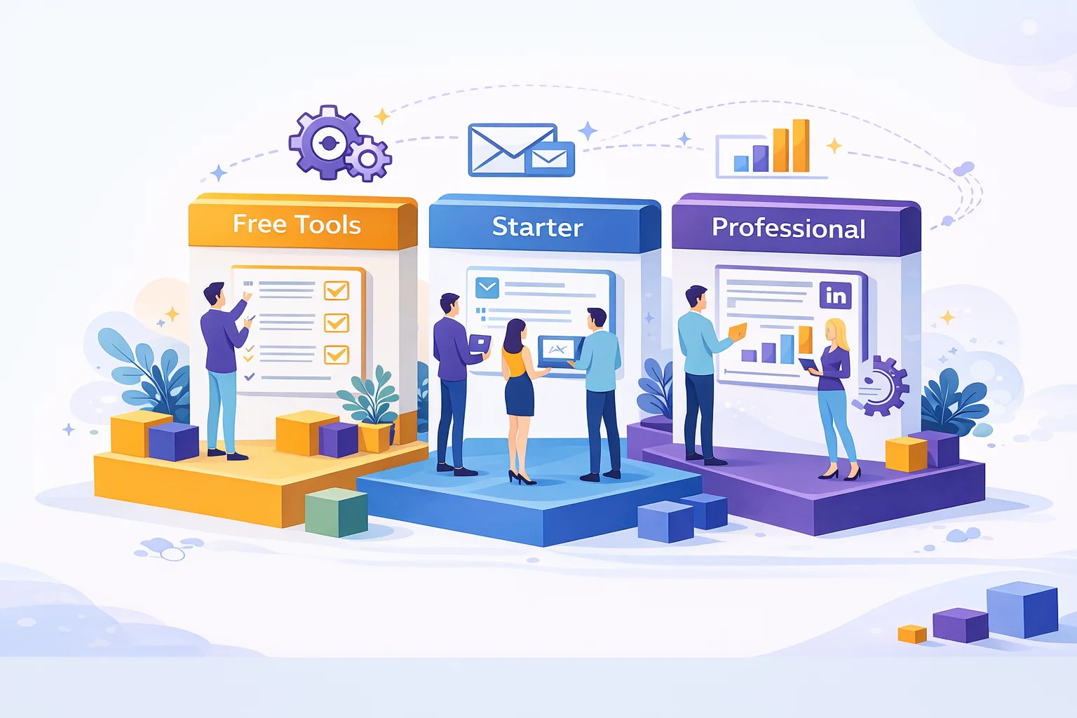 Illustration showing HubSpot Free, Starter, and Professional tools progression for sales teams