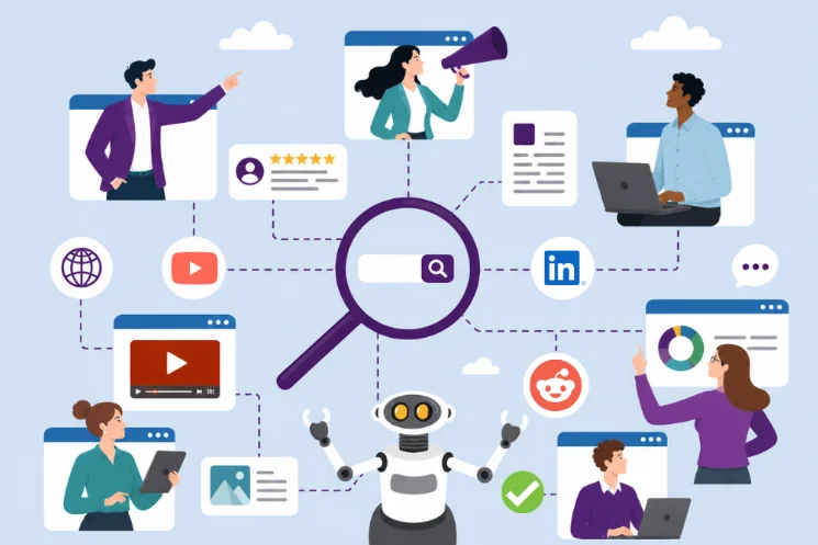 Business professional reviewing AI search citations across LinkedIn, video, and industry publications, representing distributed AI search visibility